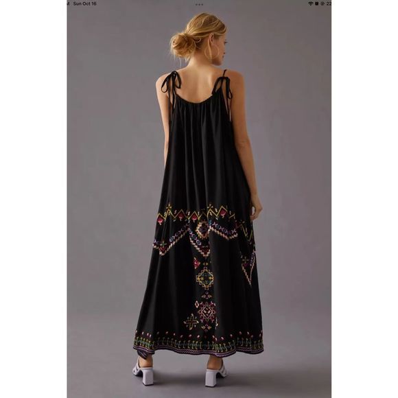 New Anthropologie Embroidered Maxi Dress Size Medium Color Black - Picture 2 of 8